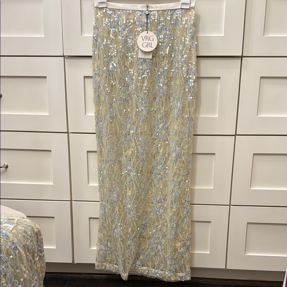NWT! VRG GRL Devyn Sequin Midi Skirt Lace Size AU 6 Embellished Sequin Champagne - Picture 6 of 16